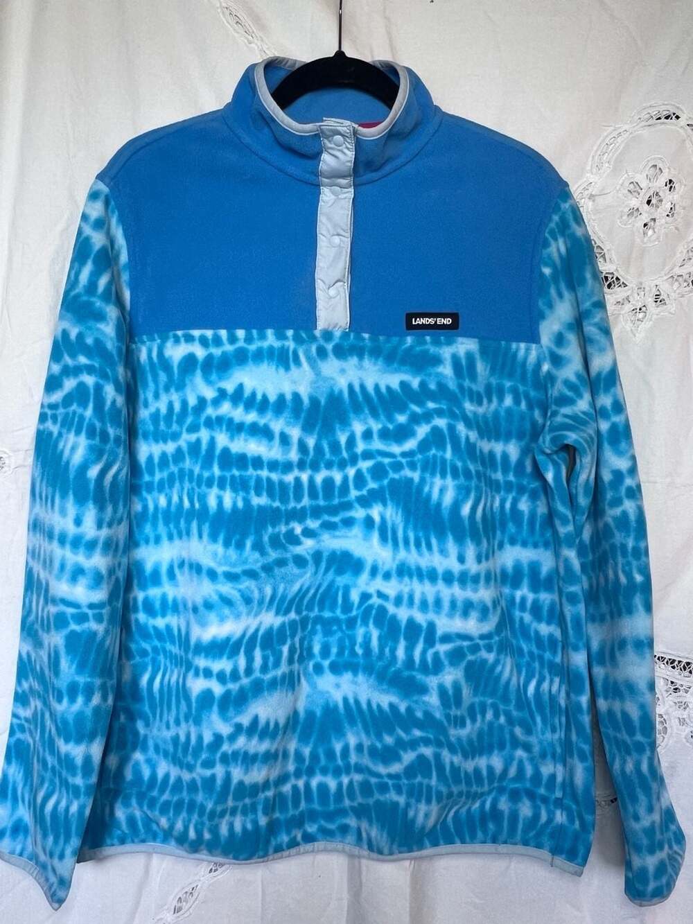 Lands' End Women’s Fleece Quarter-Snap Pullover Blue Tie-Dye Size L 14-16